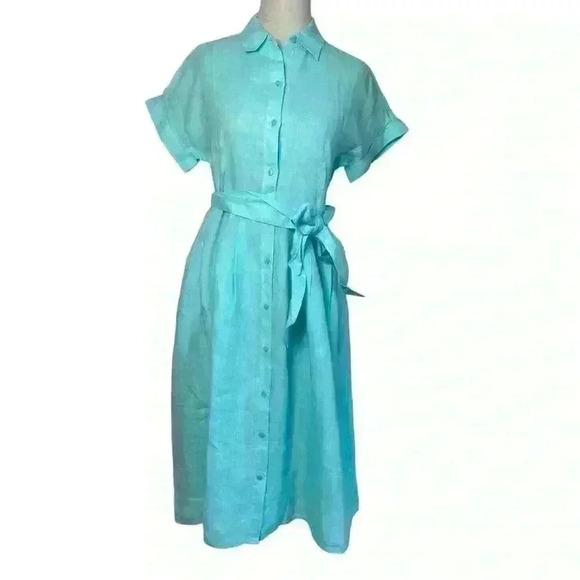 TALBOTS The Sutton Shirtdress Fit & Flare Cross Dye 100% Linen in Aqua Size 6 - Picture 2 of 12